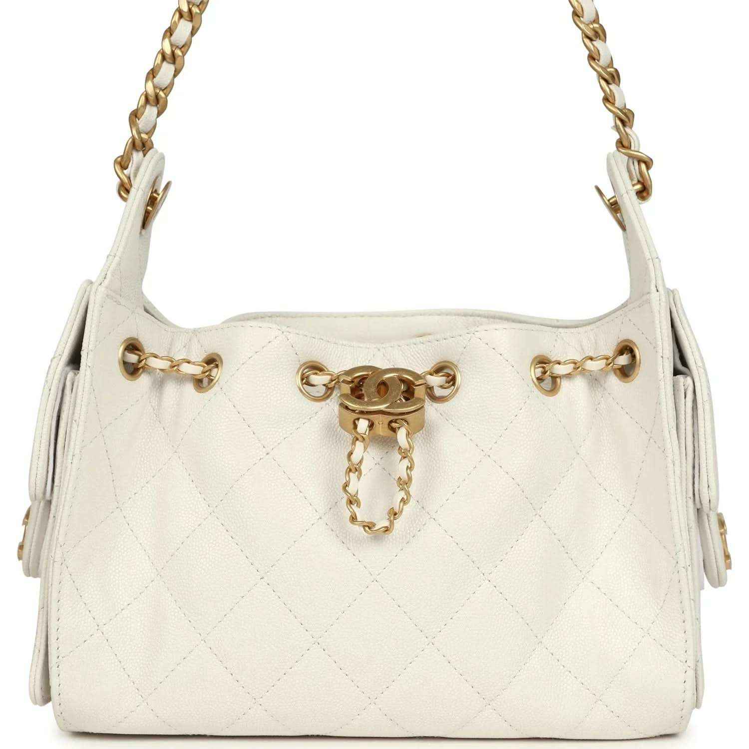 Chanel mini hobo bag in white quilted leather with antique gold chain straps and clasp