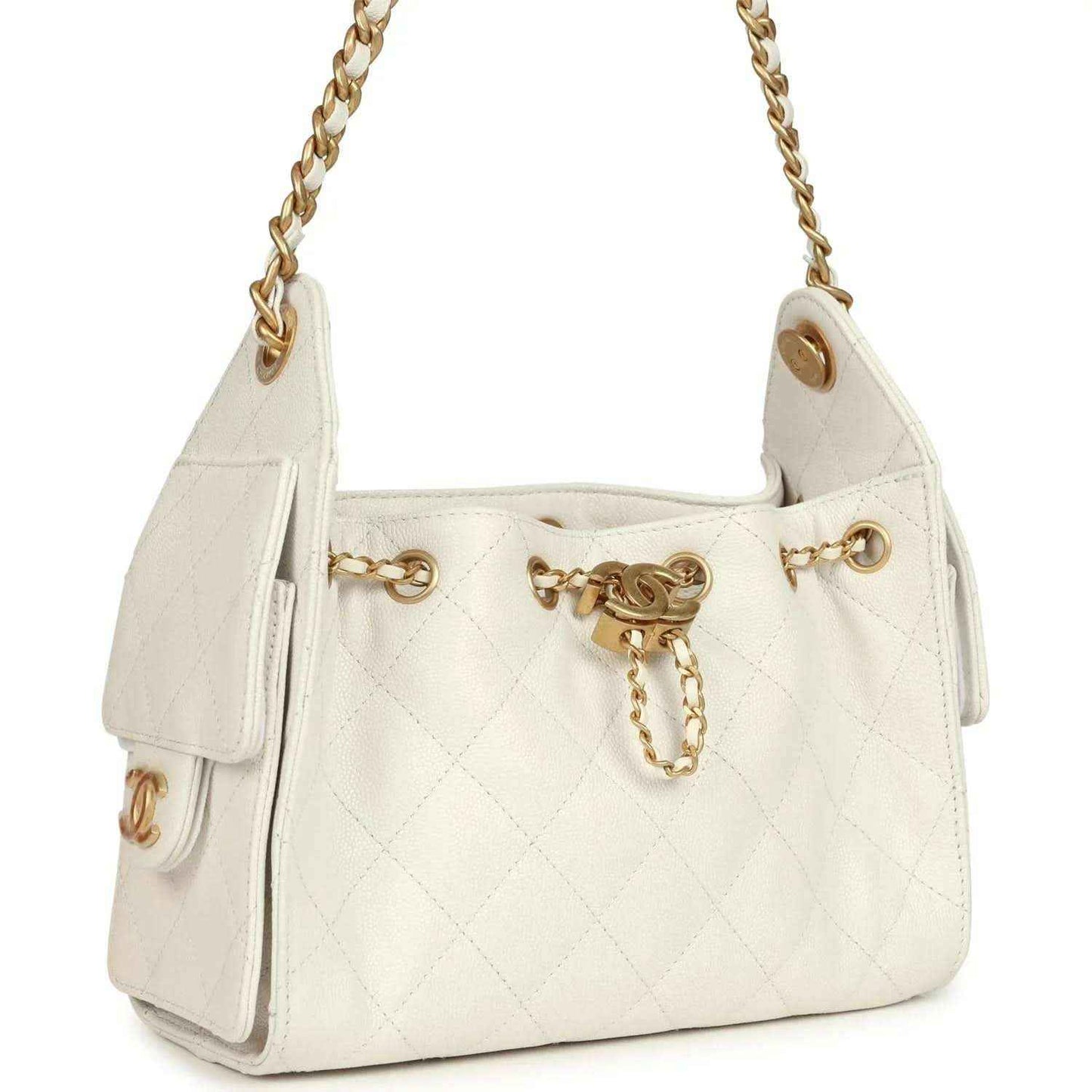Chanel mini hobo bag in white quilted leather with antique gold chain and front charm detail