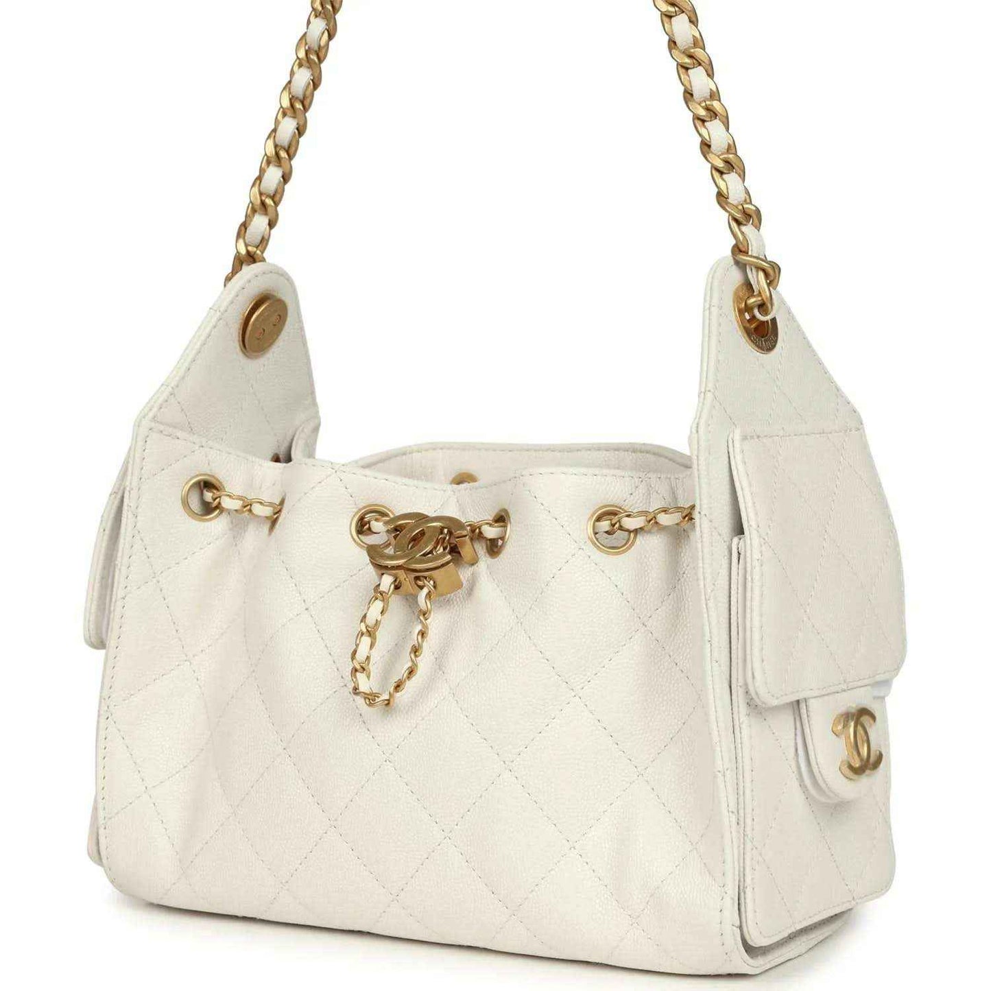 Chanel mini hobo bag in white quilted leather with antique gold chain strap and side hardware charm