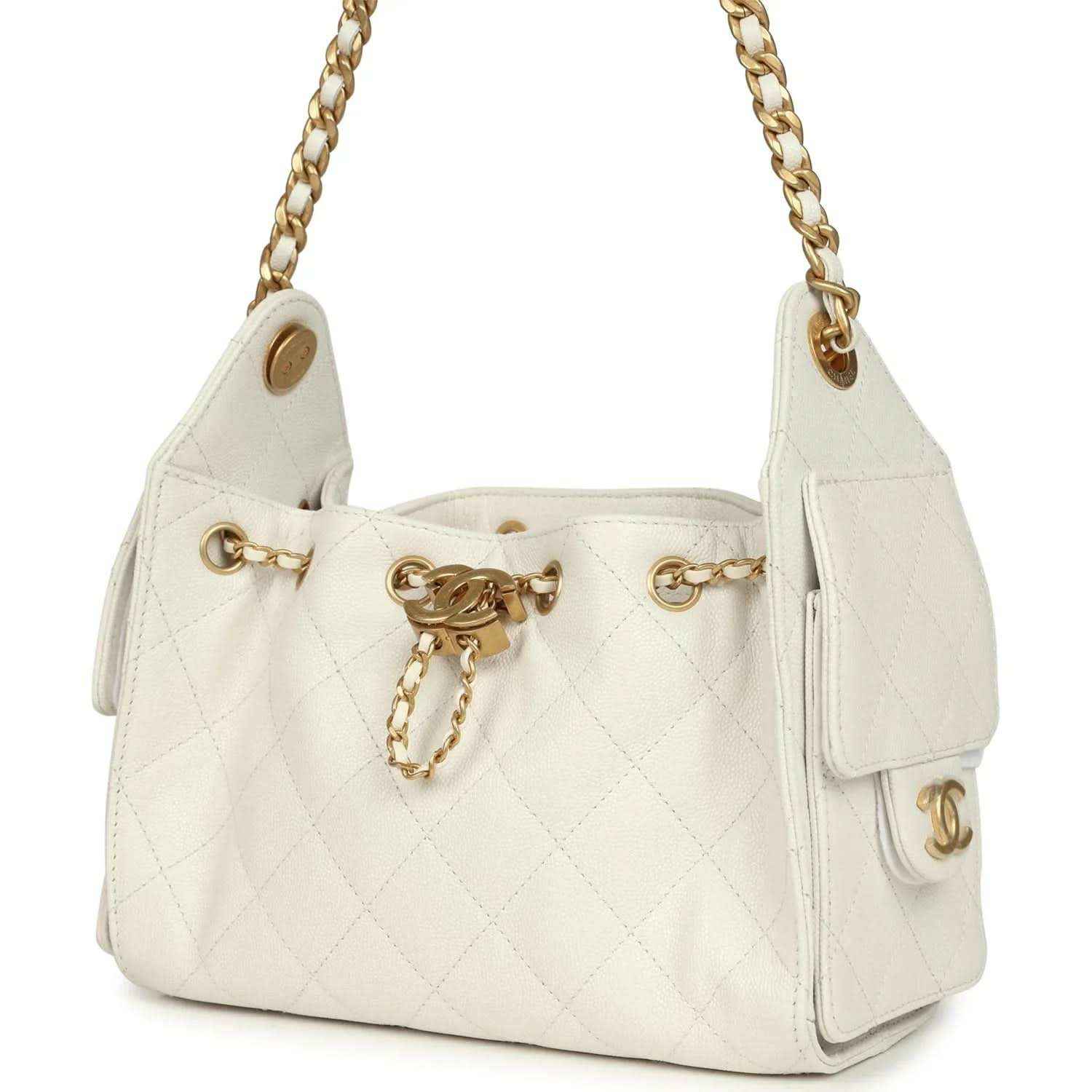 Chanel mini hobo bag in white quilted leather with antique gold chain strap and side hardware charm
