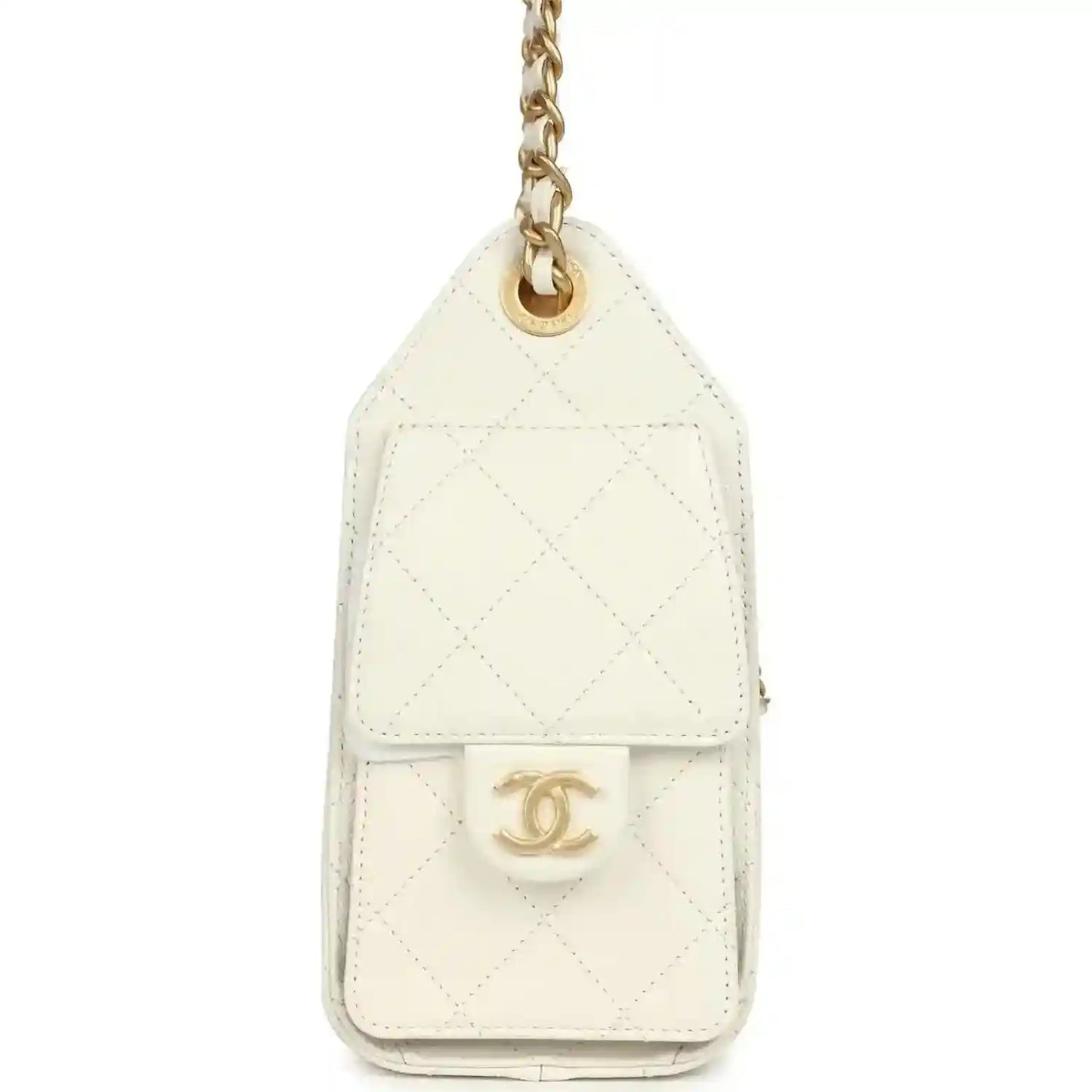 Mini hobo bag back with Chanel logo medallion on white quilted leather and chain ring