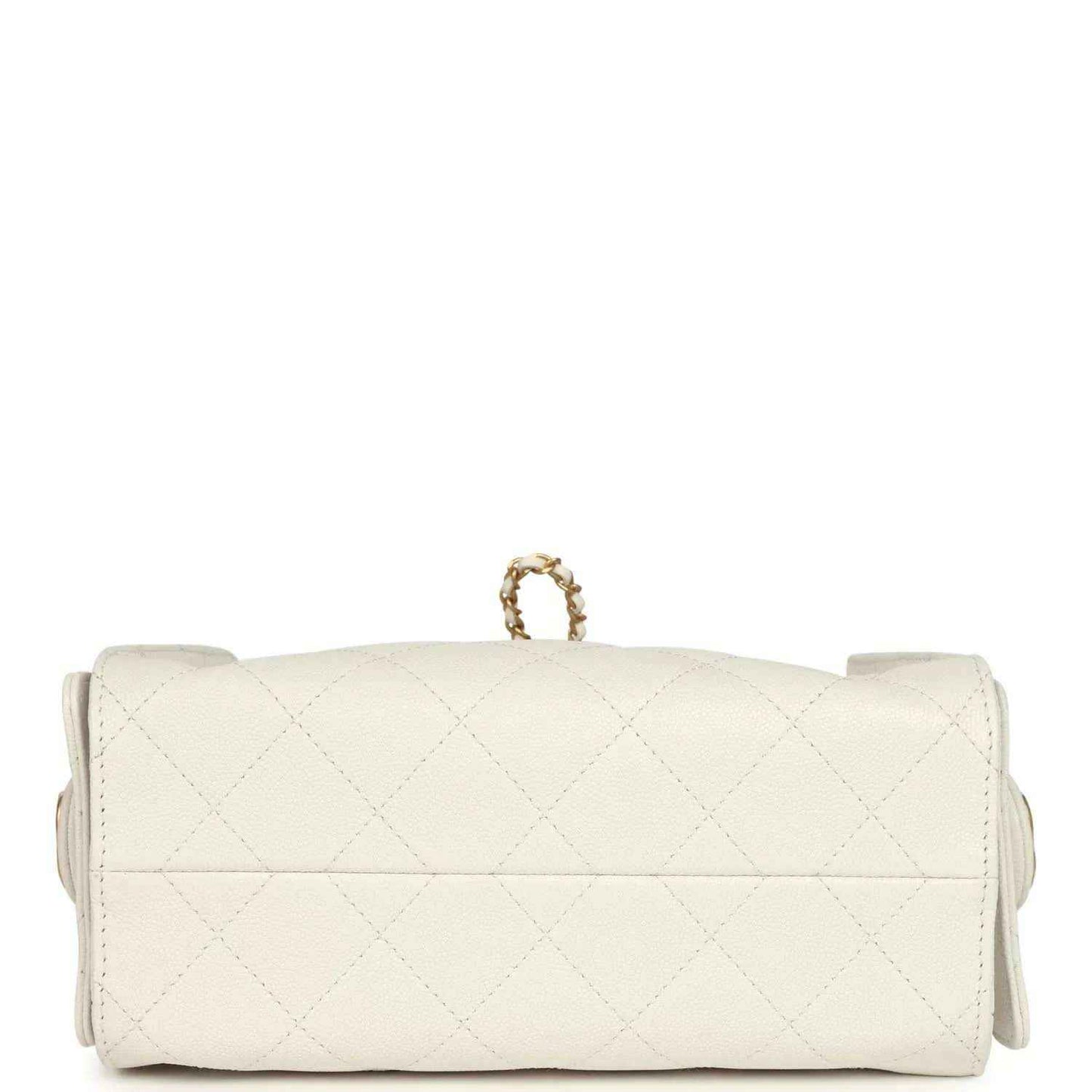 White quilted leather mini hobo bag with top flap and small ring for the gold chain strap