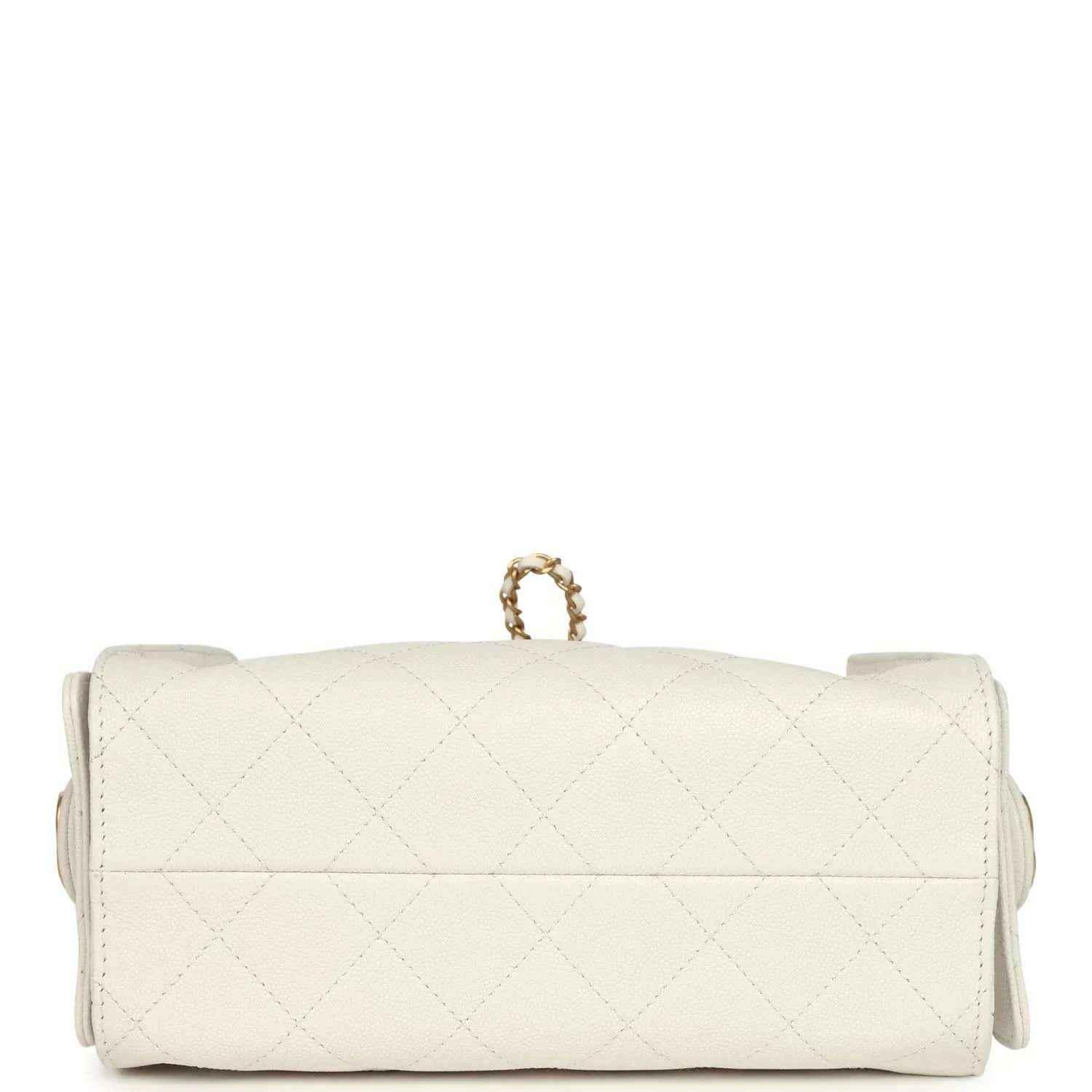 White quilted leather mini hobo bag with top flap and small ring for the gold chain strap