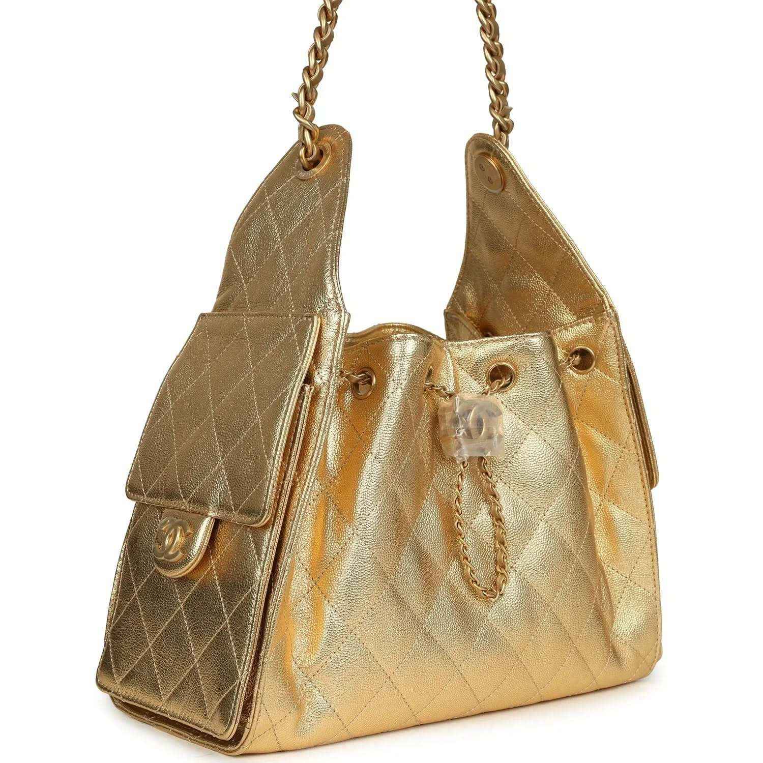 Metallic gold hobo bag with chain strap, front quilting, and side handle