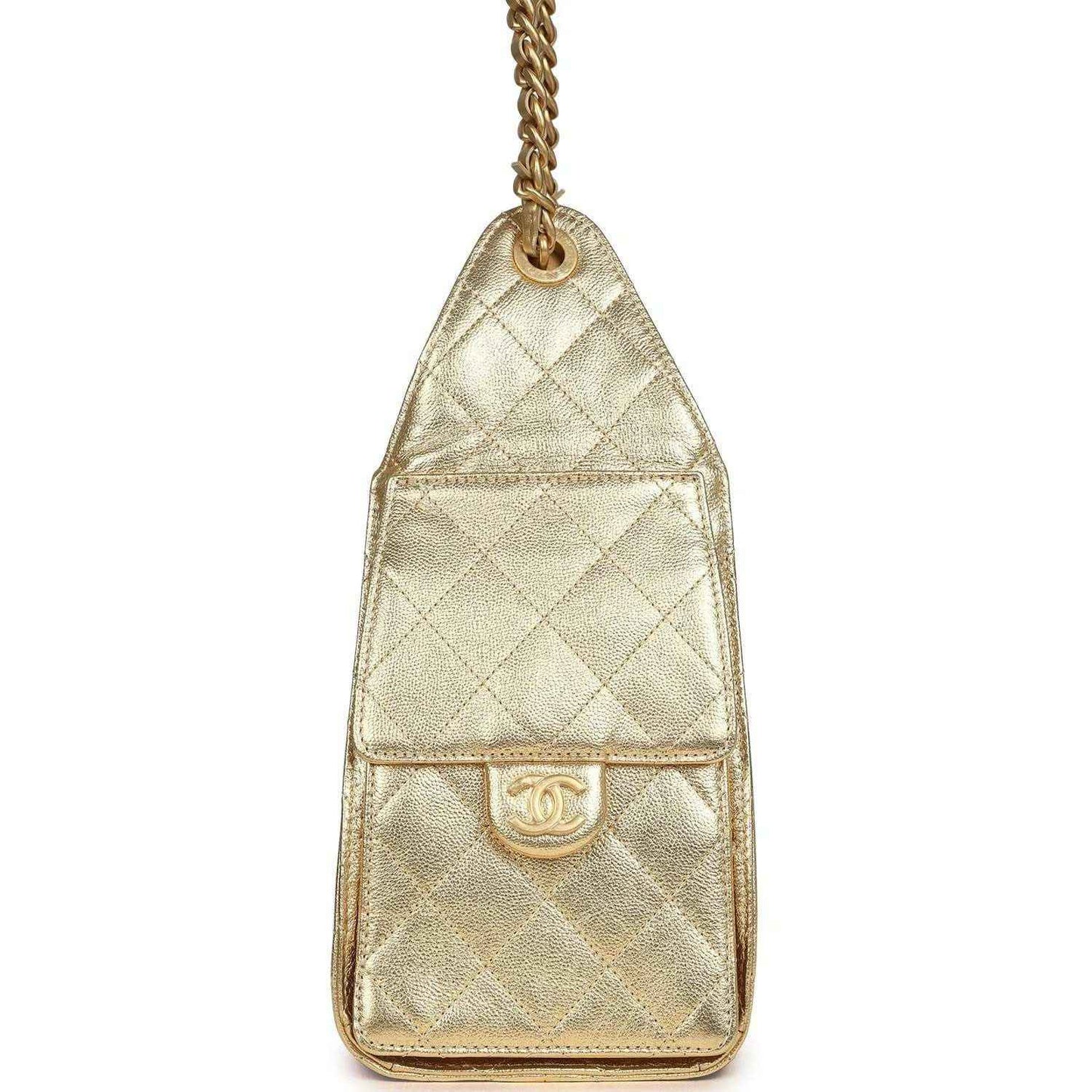 Metallic gold small hobo bag with quilted front panel and gold clasp