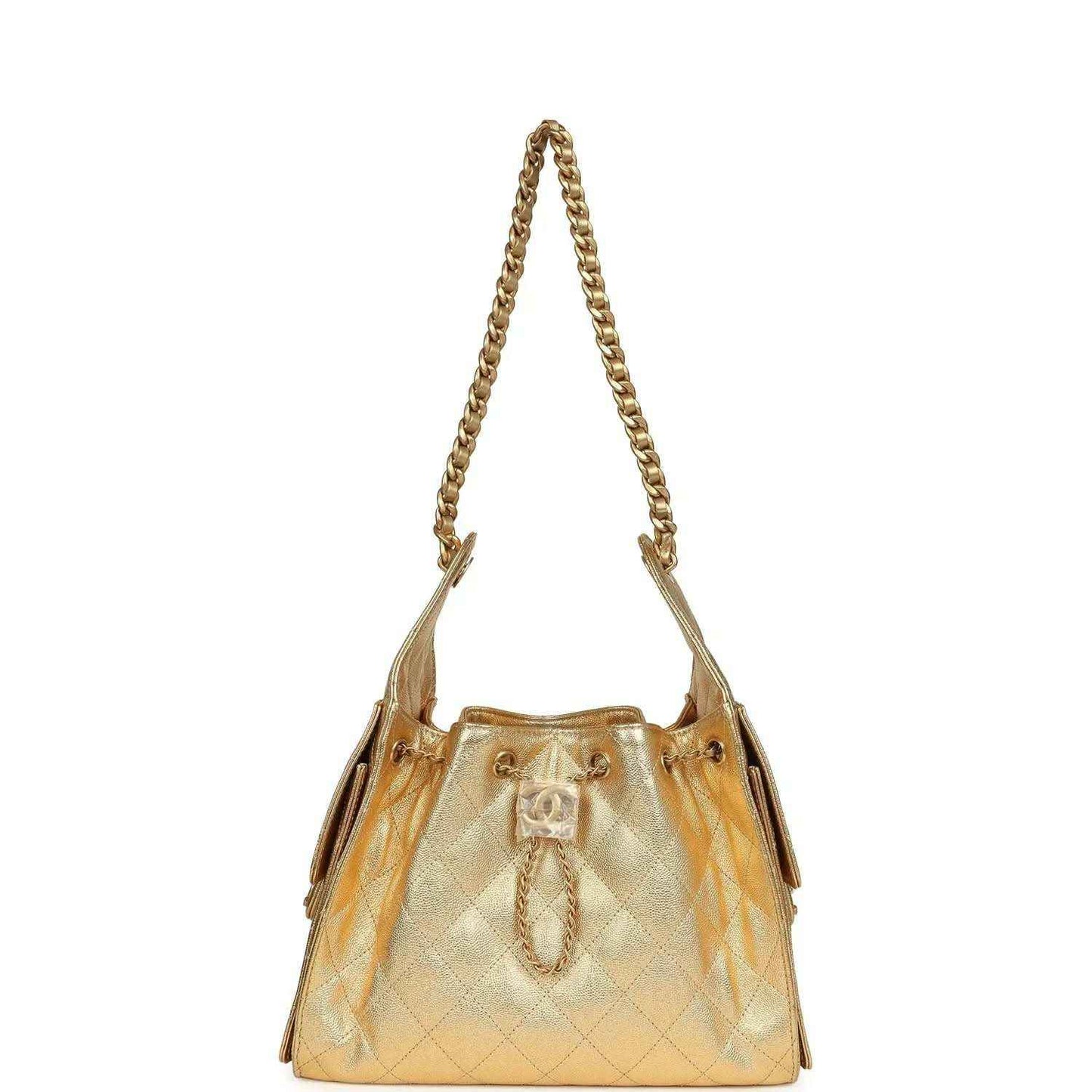 Metallic gold hobo bag with chain handles and open top