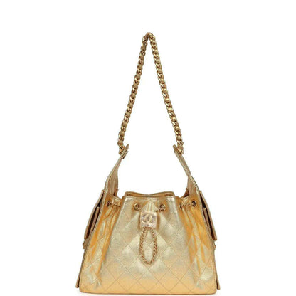 Metallic gold hobo bag with chain handles and open top