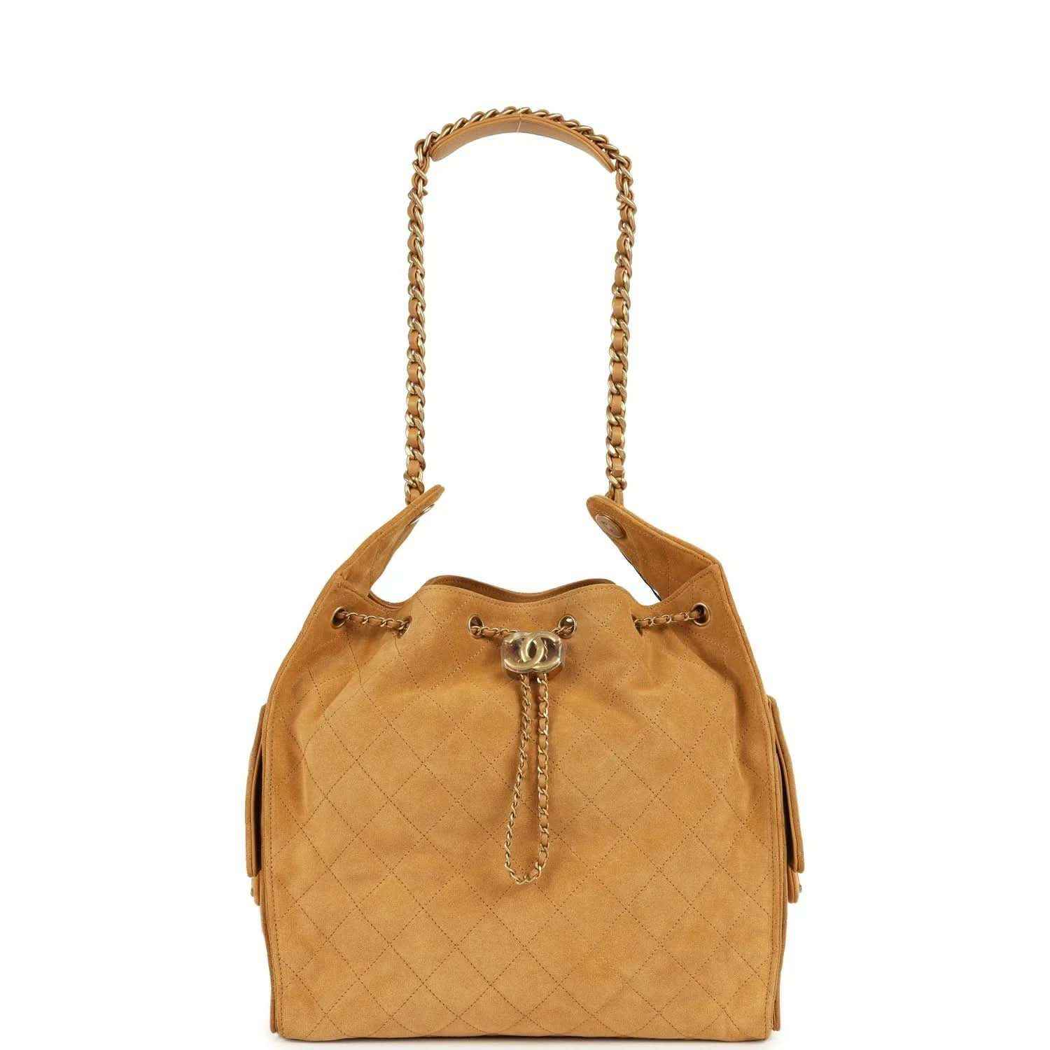 Quilted suede hobo bag with chain handles and CC clasp at center