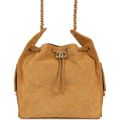 Quilted suede hobo bag with chain strap, CC clasp, antique gold hardware