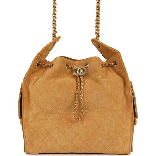 Quilted suede hobo bag with chain strap, CC clasp, antique gold hardware