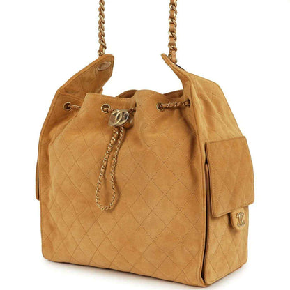 Quilted suede hobo bag with chain strap, CC charm, side zip pocket