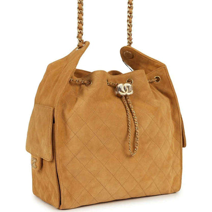 Suede hobo bag with chain handles, quilted diamond pattern, CC charm