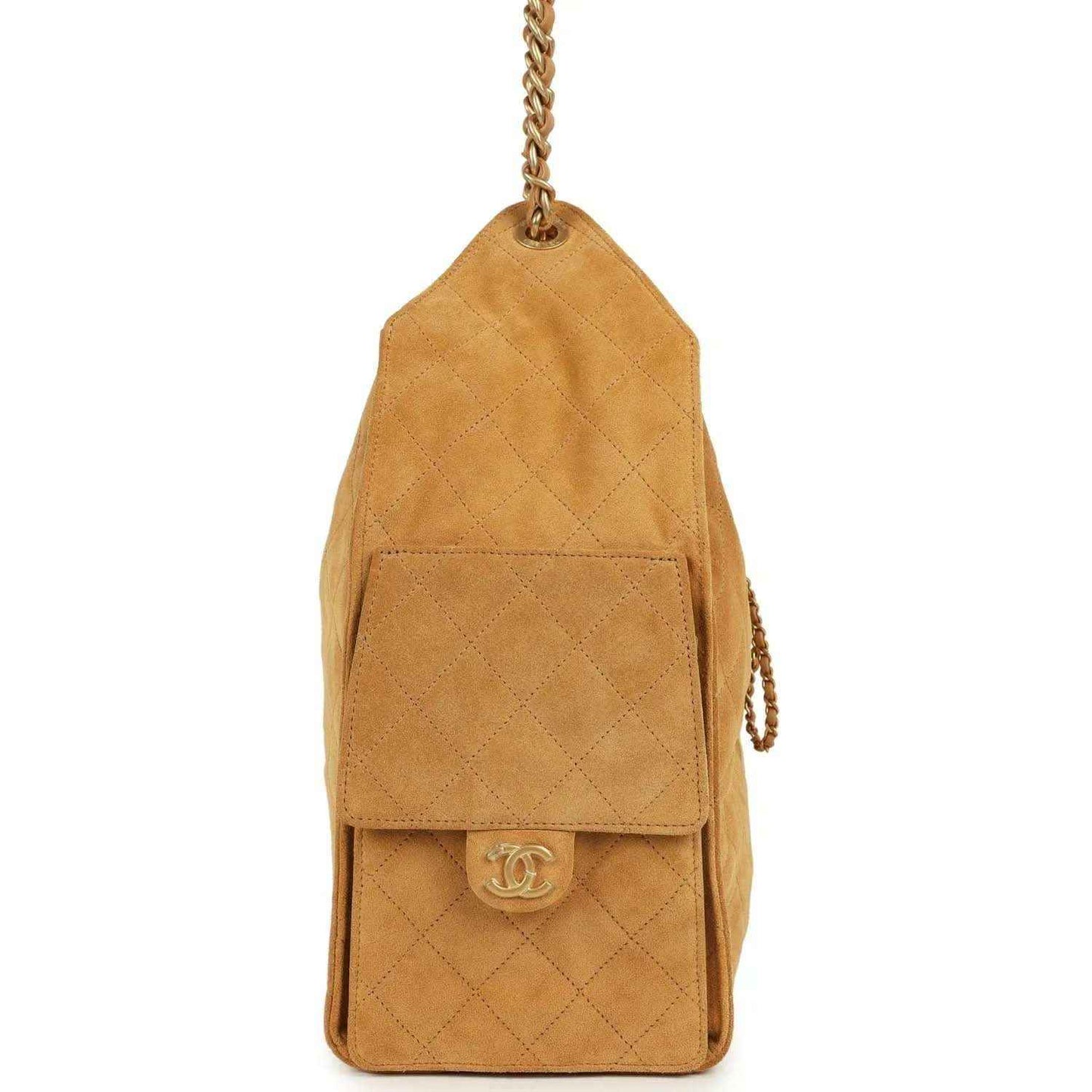 Suede hobo bag with front flap, quilted diamond pattern, CC logo