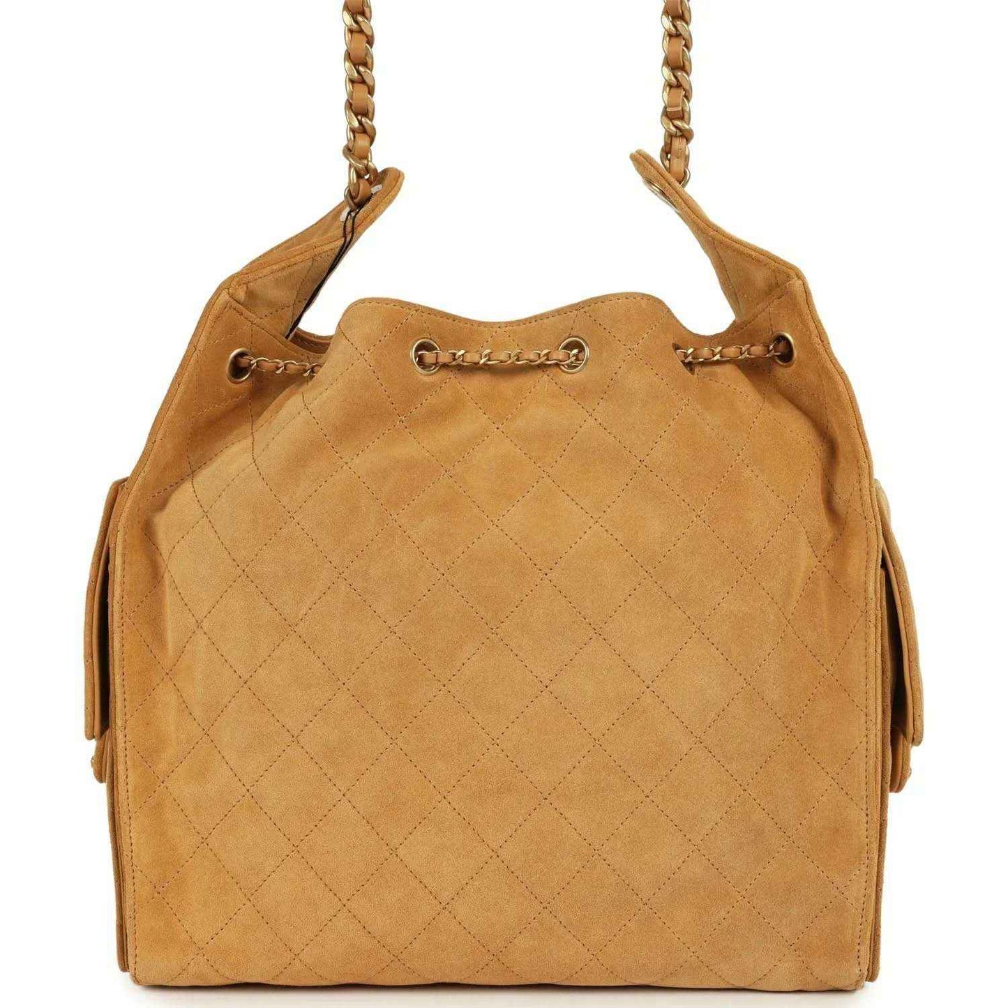 Quilted suede hobo bag with chain handles and CC turn-lock clasp