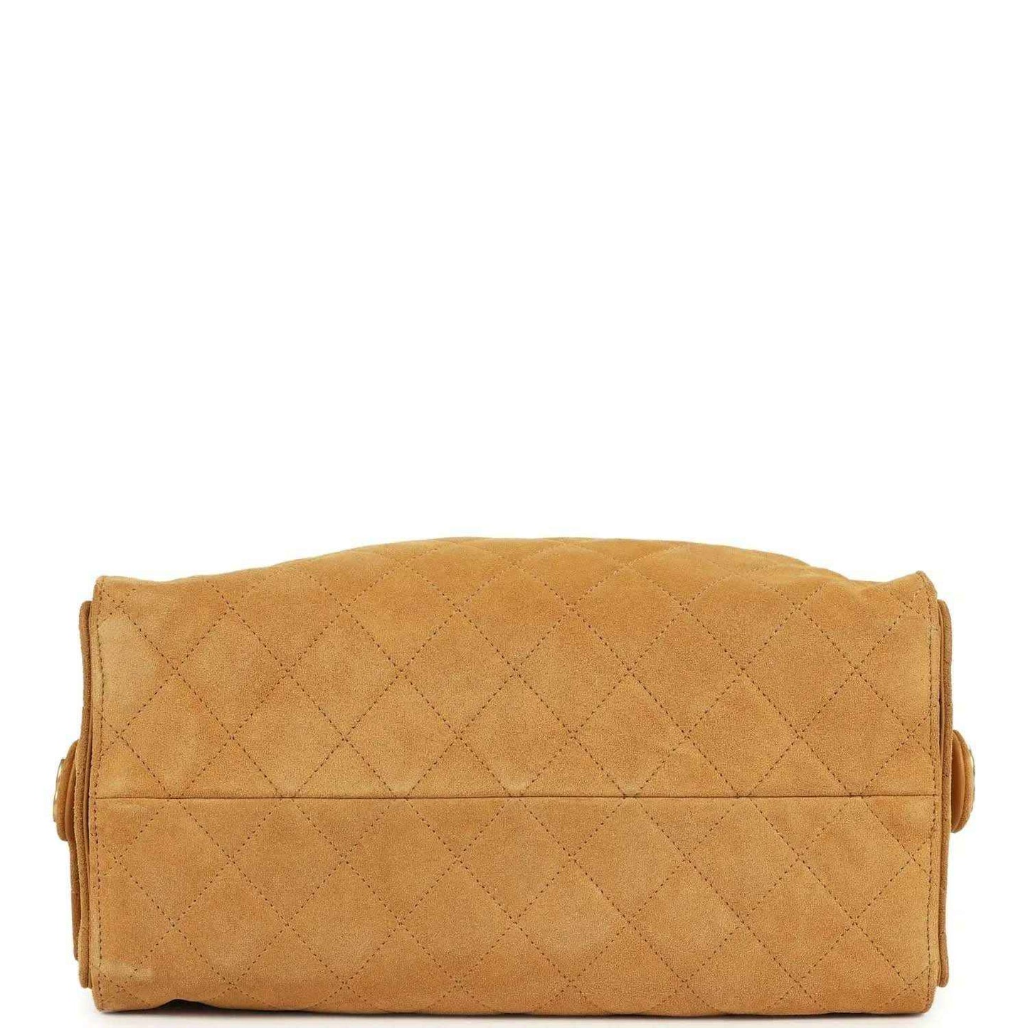 Quilted suede hobo bag back view with stitched trim and top handles