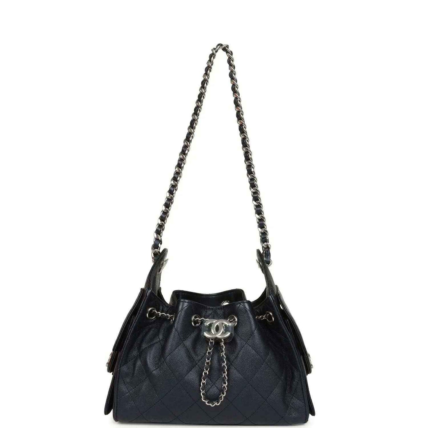 Mini 25 hobo bag dark blue quilted leather with shoulder chain straps and tassel pull