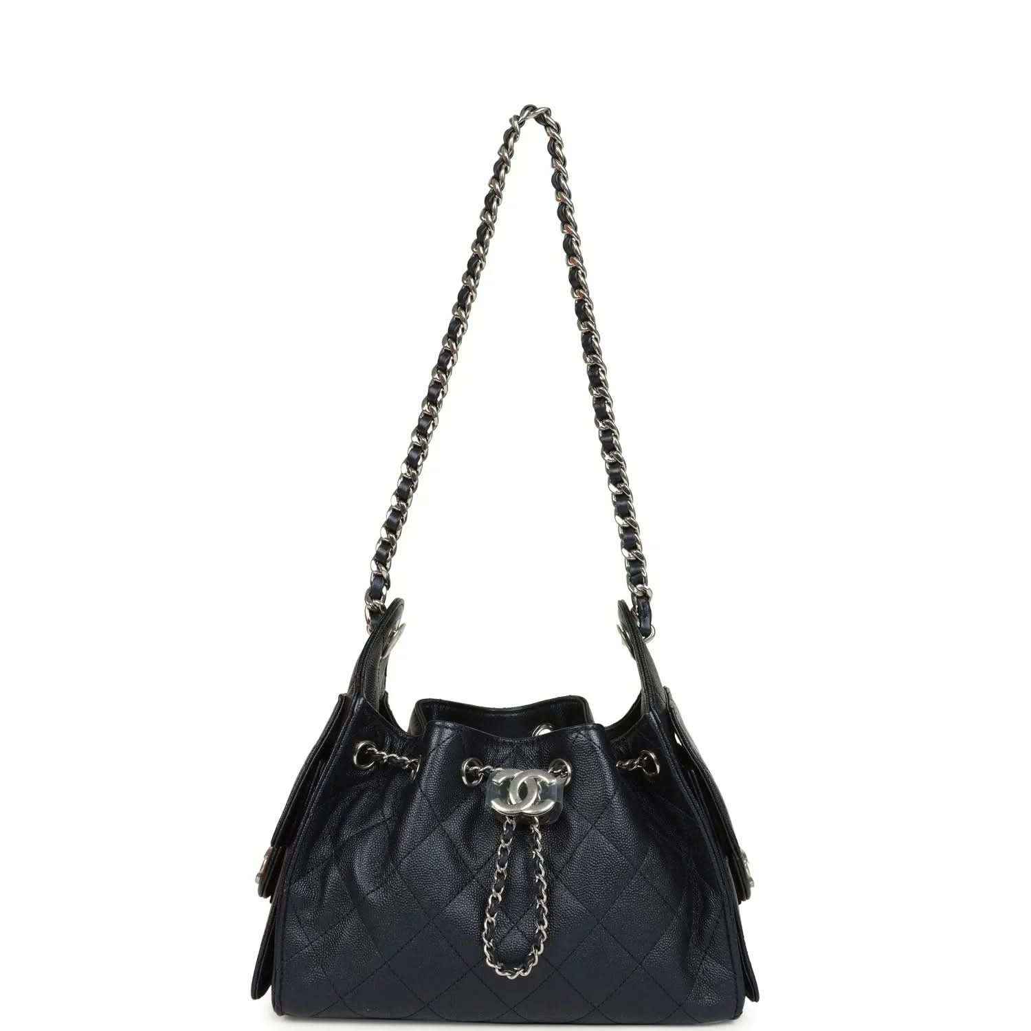 Mini 25 hobo bag dark blue quilted leather with shoulder chain straps and tassel pull