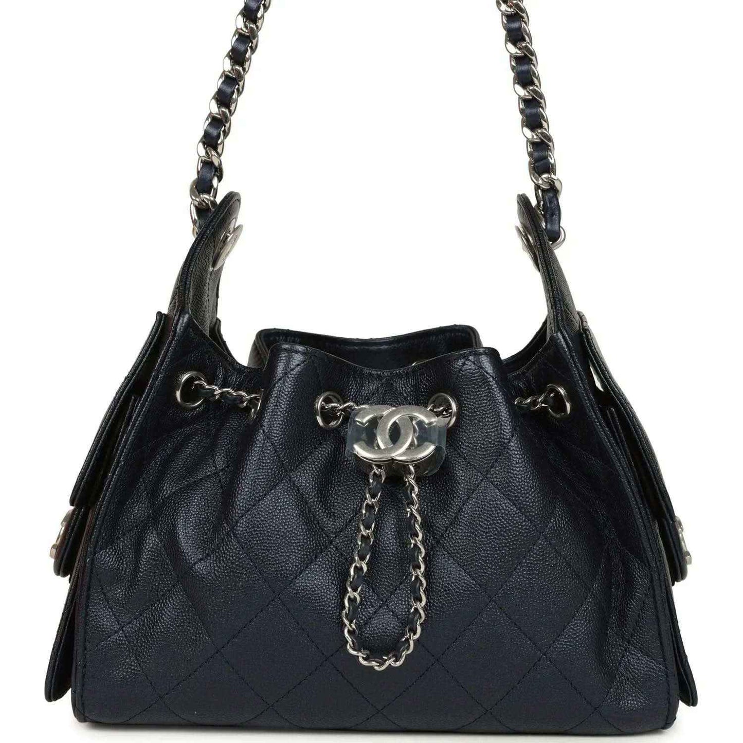 Chanel Mini 25 hobo bag in dark blue quilted caviar leather with chain strap