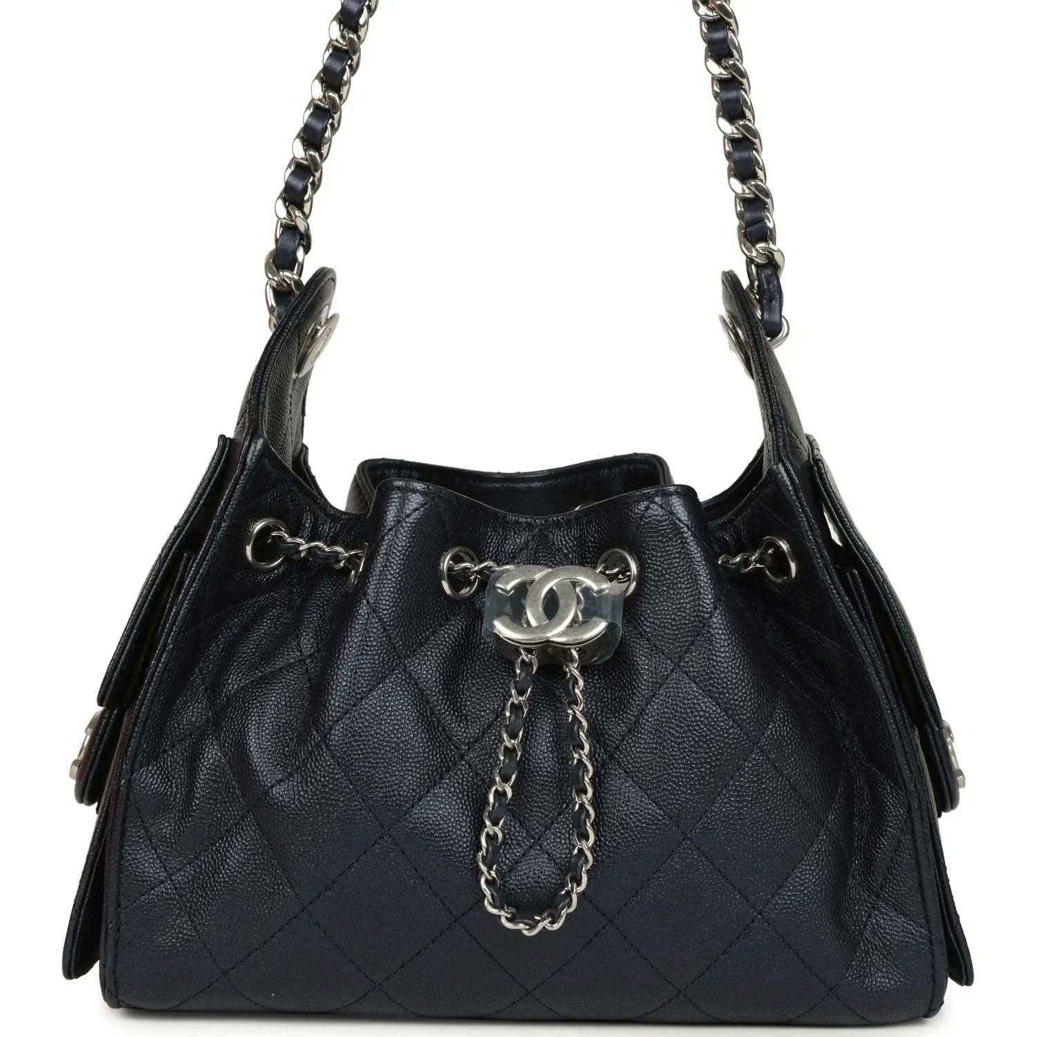 Chanel Mini 25 hobo bag in dark blue quilted caviar leather with chain strap