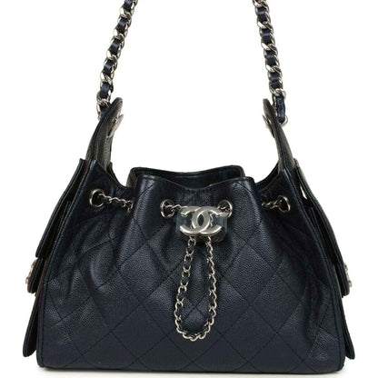 Chanel Mini 25 hobo bag in dark blue quilted caviar leather with chain strap