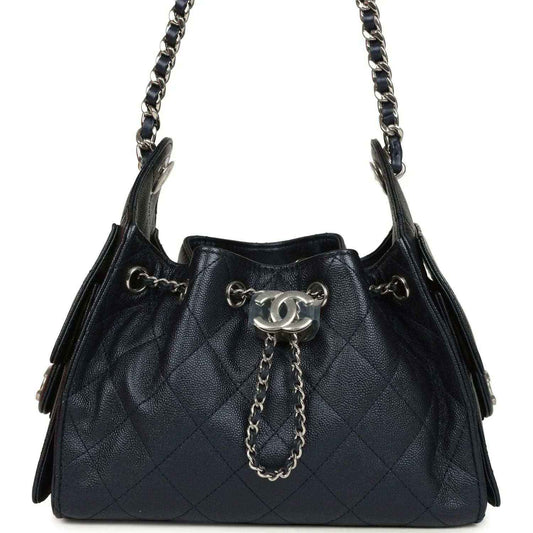 Chanel Mini 25 hobo bag in dark blue quilted caviar leather with chain strap
