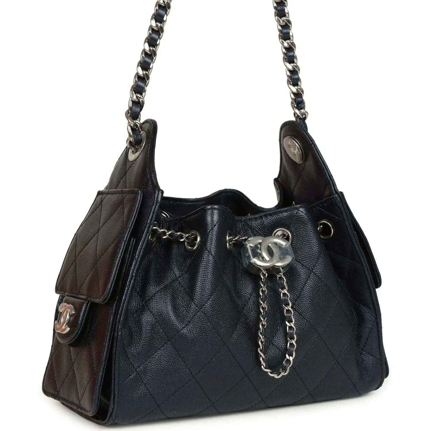 Chanel Mini 25 hobo bag dark blue quilted leather with silver-tone hardware