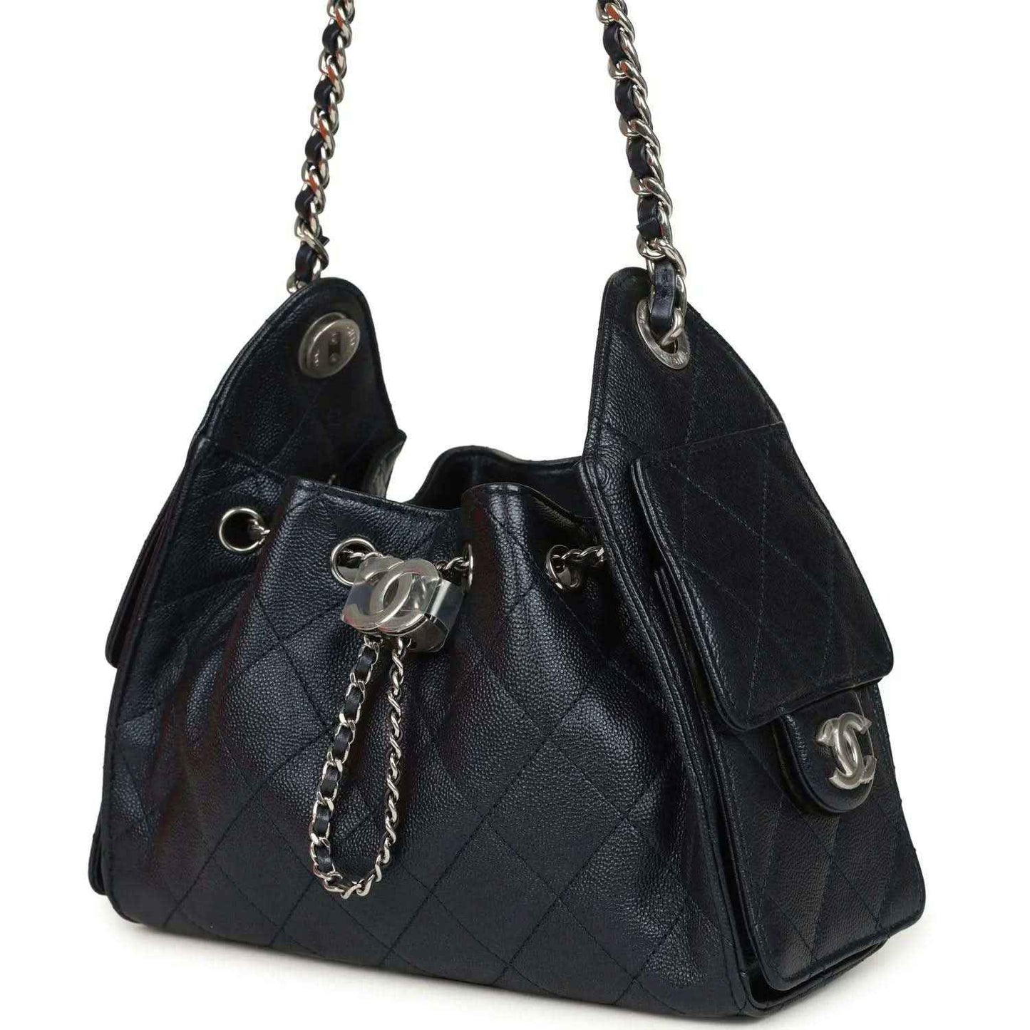Chanel Mini 25 hobo bag side view in dark blue quilted caviar with chain strap