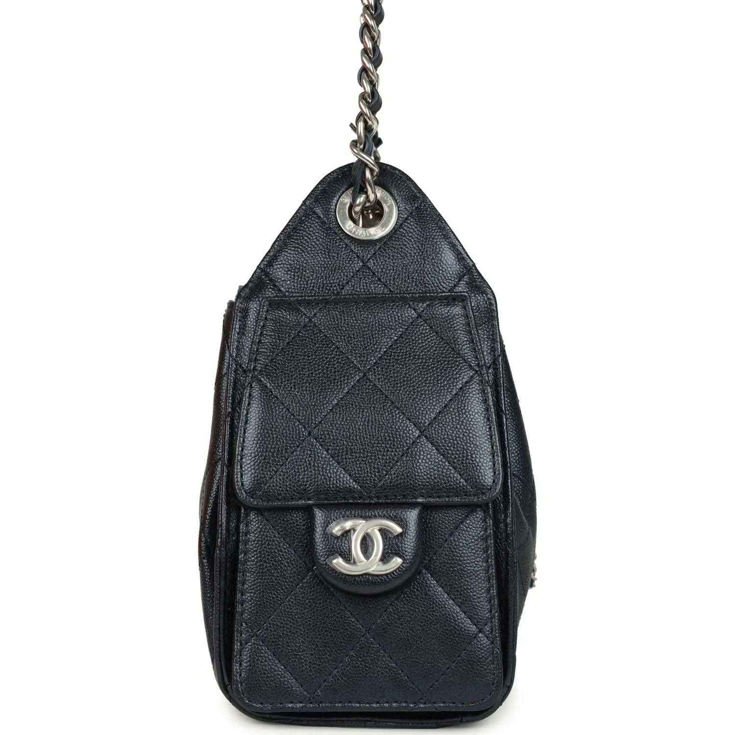 Chanel Mini 25 hobo bag back view in dark blue quilted leather with CC turn-lock