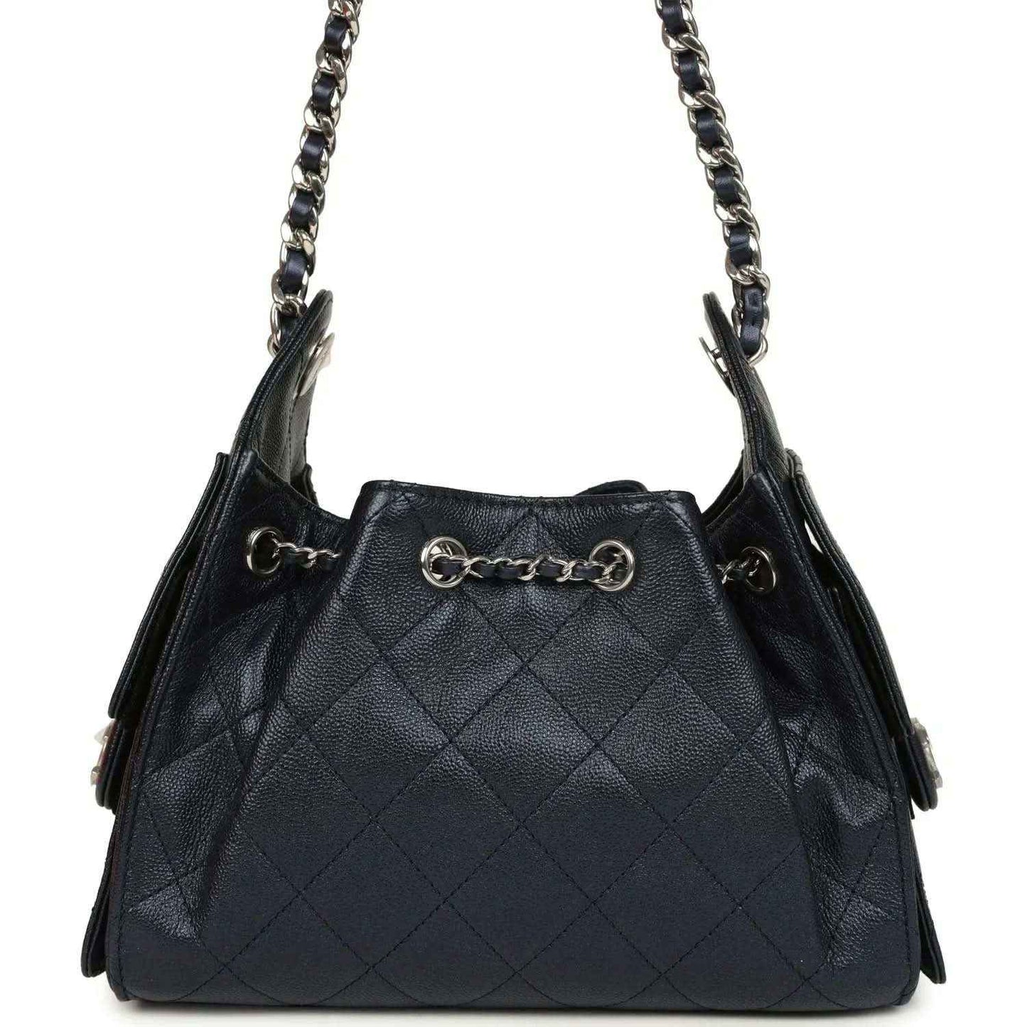 Chanel Mini 25 hobo bag front view in dark blue quilted caviar with chain handle