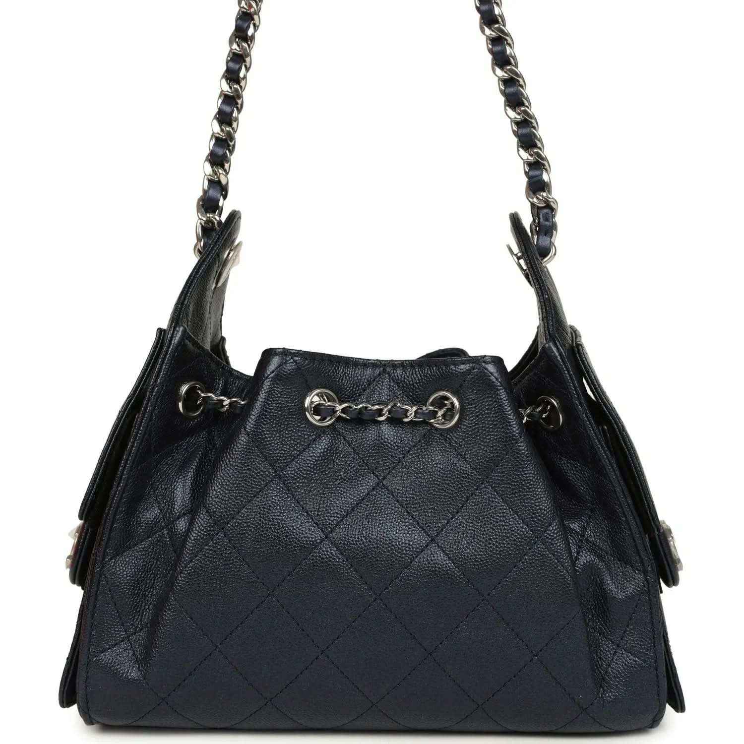 Chanel Mini 25 hobo bag front view in dark blue quilted caviar with chain handle