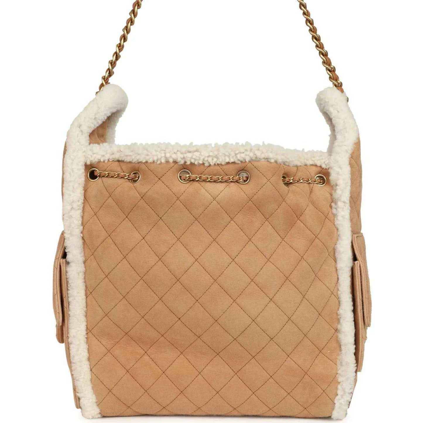 Beige suede hobo bag with diamond quilting and white shearling top trim, gold chain strap