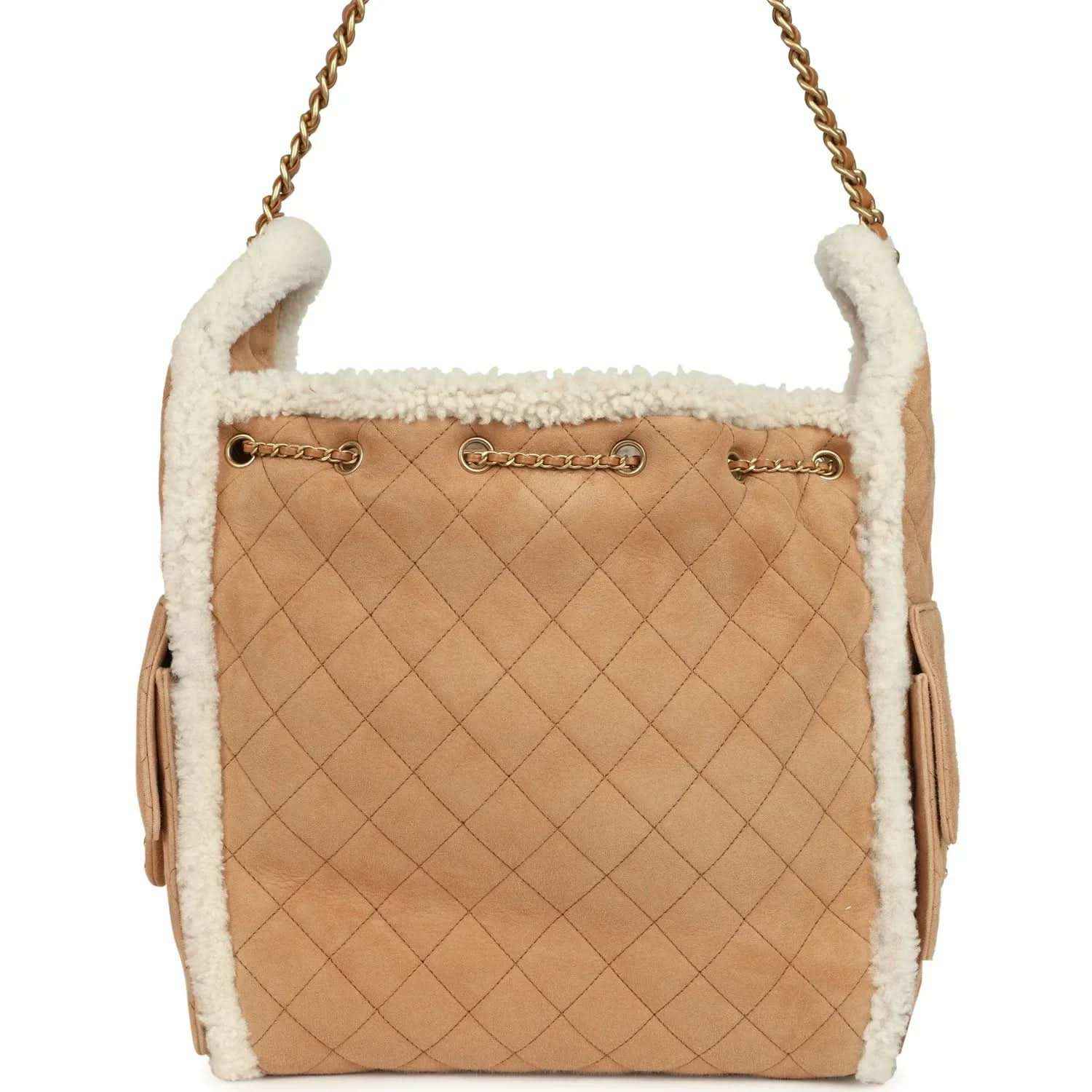 Beige suede hobo bag with diamond quilting and white shearling top trim, gold chain strap