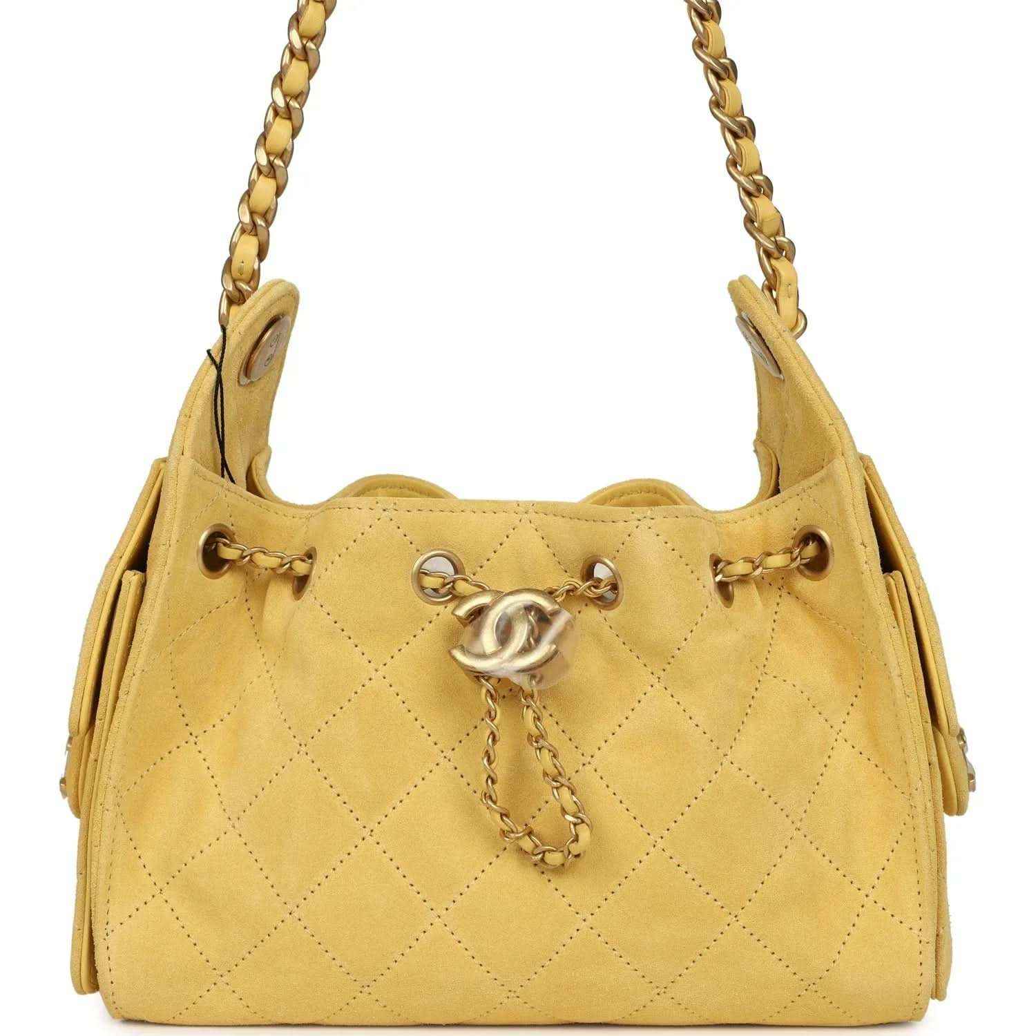 Chanel Mini 25 hobo bag, yellow quilted suede, antique gold hardware, chain strap