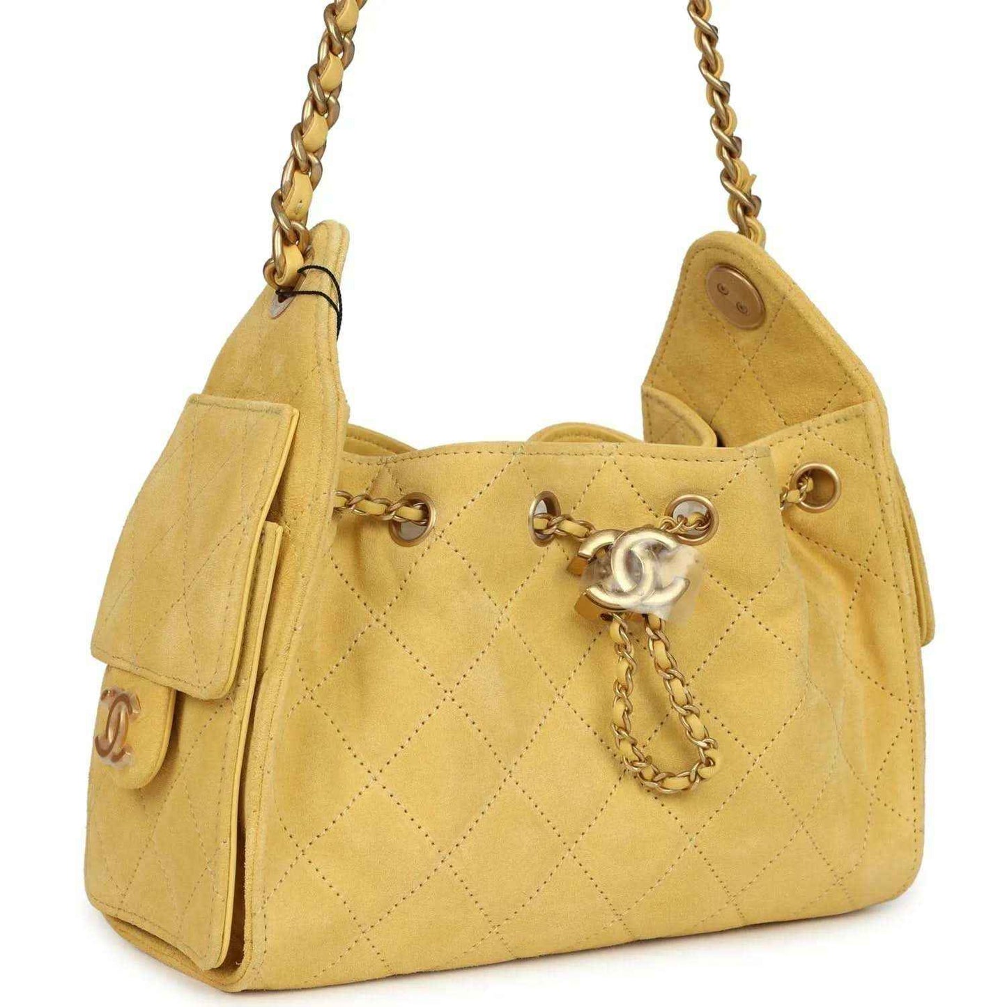 Chanel Mini 25 hobo bag, yellow quilted suede, CC clasp, antique gold chain strap