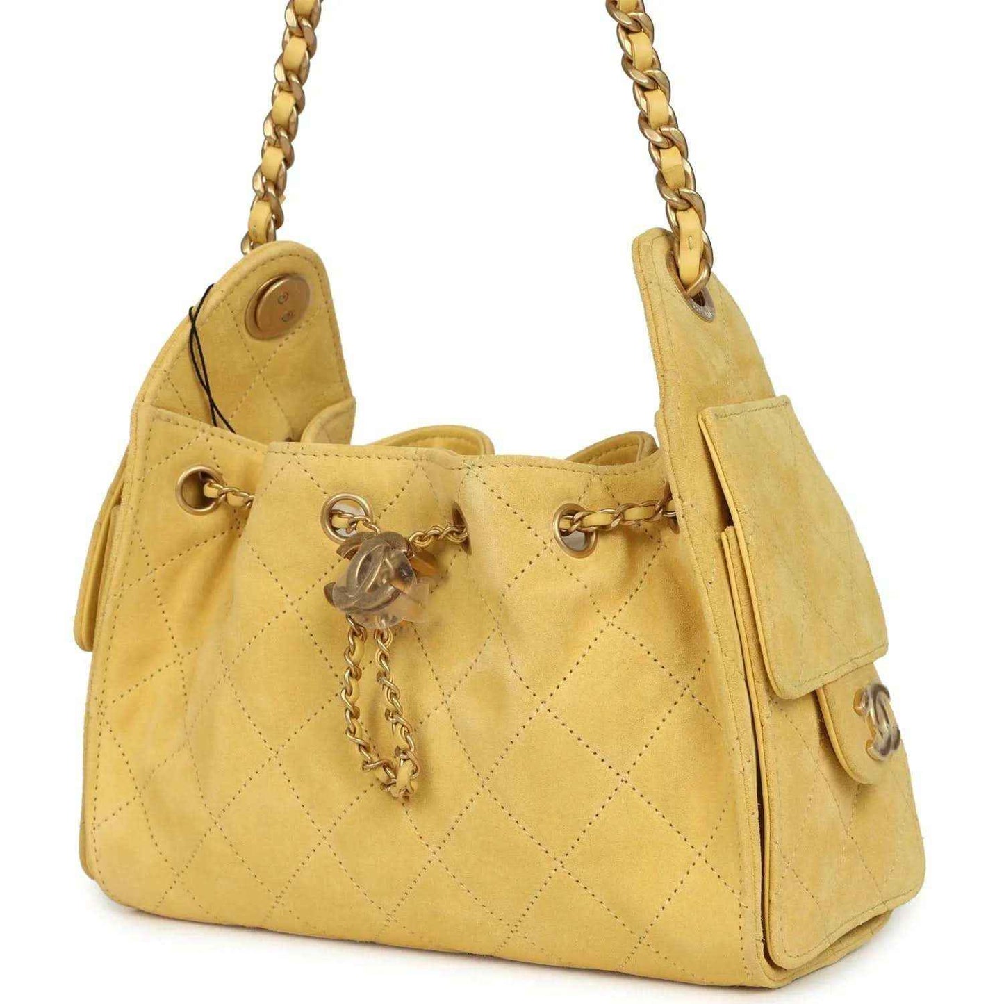Chanel Mini 25 hobo bag, yellow quilted suede, side flap pocket details, chain strap