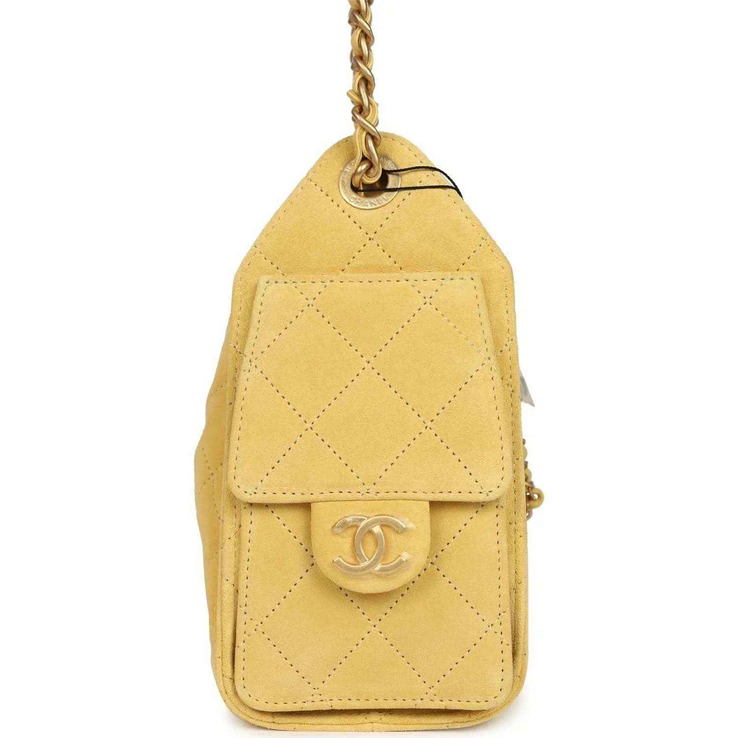 Chanel Mini 25 hobo bag, yellow quilted suede, back flap with CC logo, chain