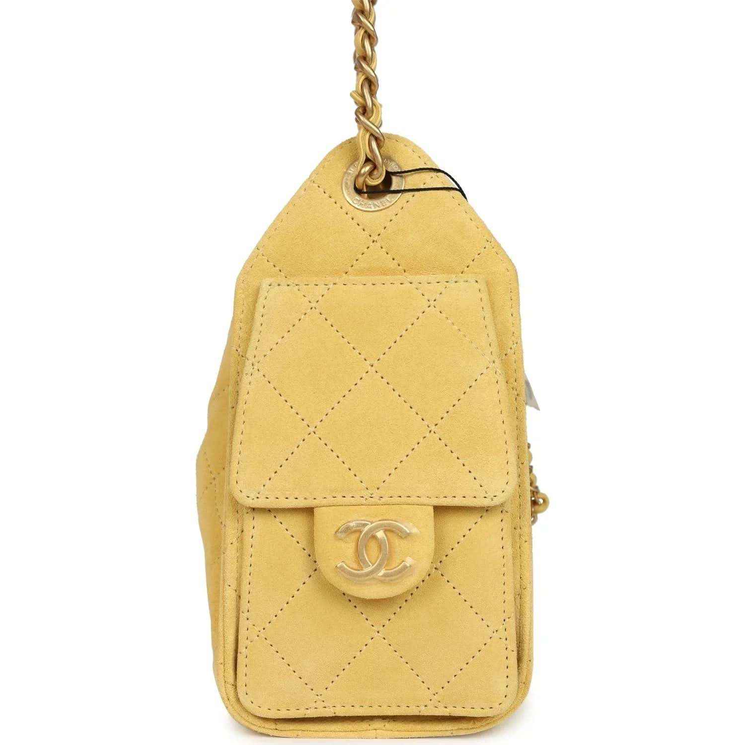 Chanel Mini 25 hobo bag, yellow quilted suede, back flap with CC logo, chain
