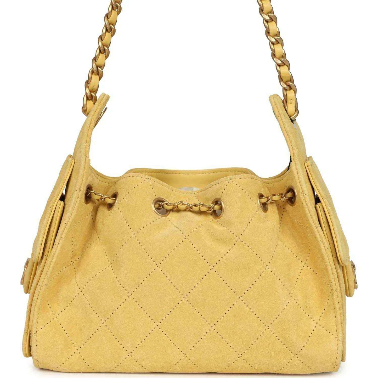 Chanel Mini 25 hobo bag, yellow quilted suede, gathered top, CC charm, chain strap