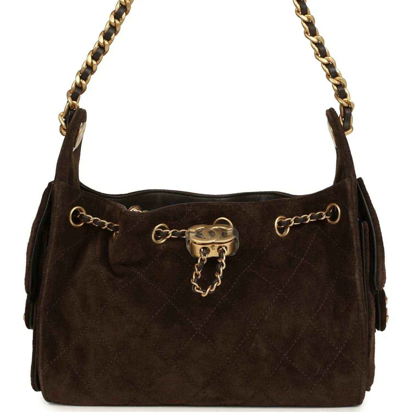 Dark brown suede mini hobo bag with antique gold chain, top clasp, and side rings.