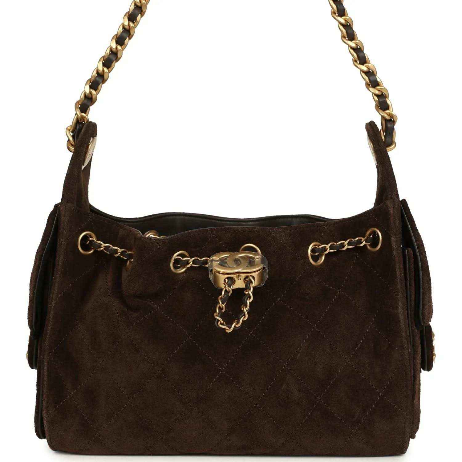 Dark brown suede mini hobo bag with antique gold chain, top clasp, and side rings.