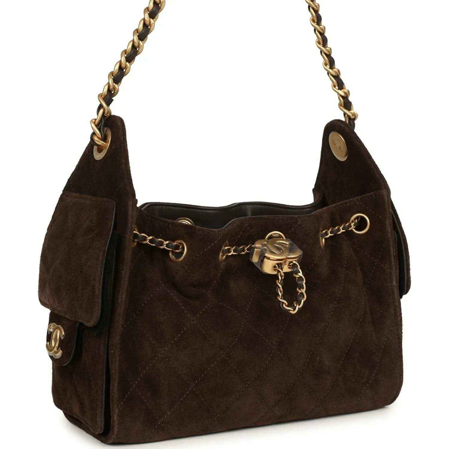 Dark brown suede mini hobo bag with braided chain handles and antique gold turn-lock clasp.