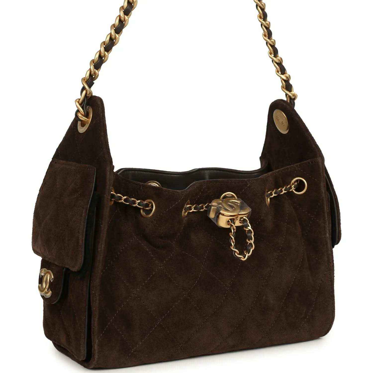 Dark brown suede mini hobo bag with braided chain handles and antique gold turn-lock clasp.