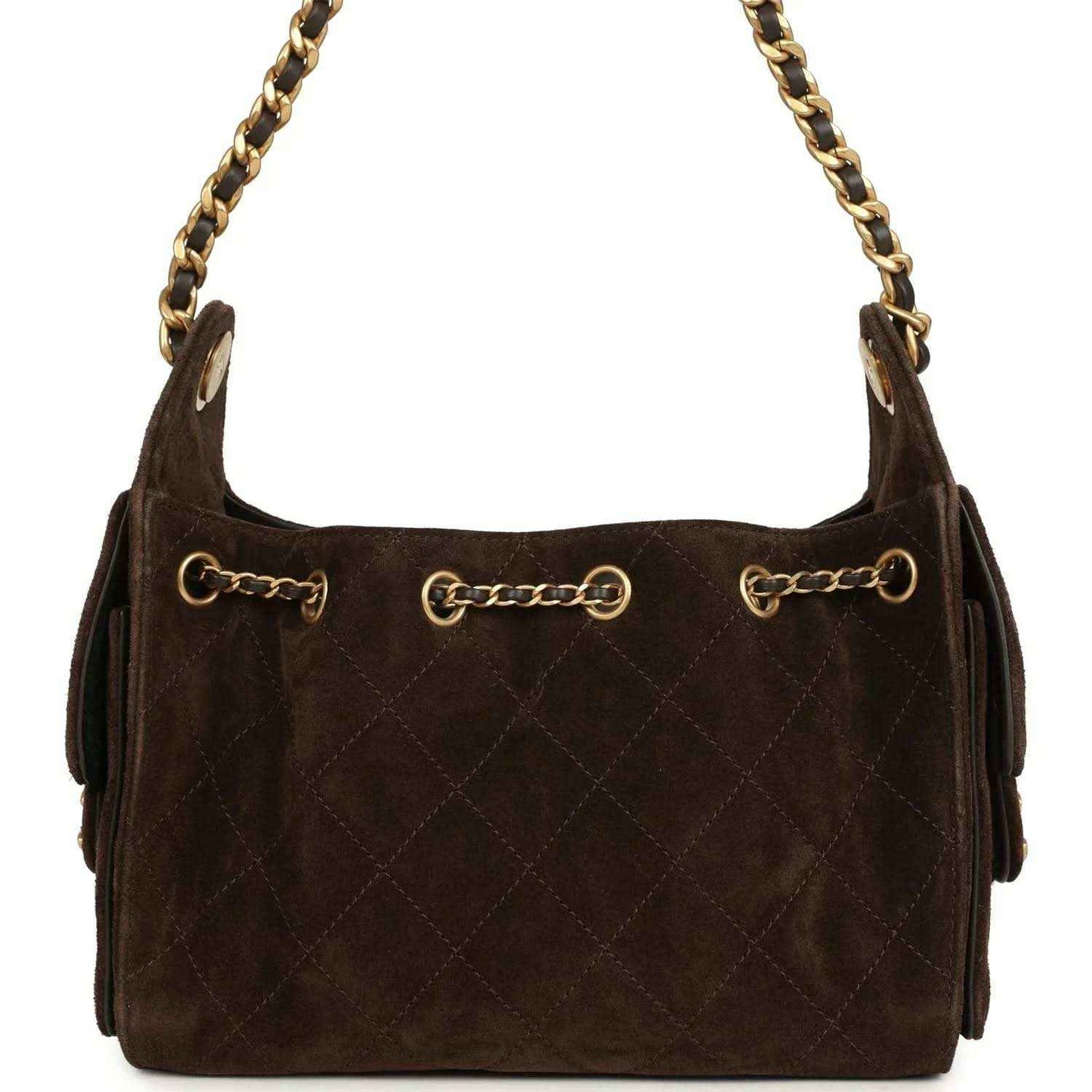 Dark brown suede mini hobo bag with gold-tone chain handles and quilted front paneling.