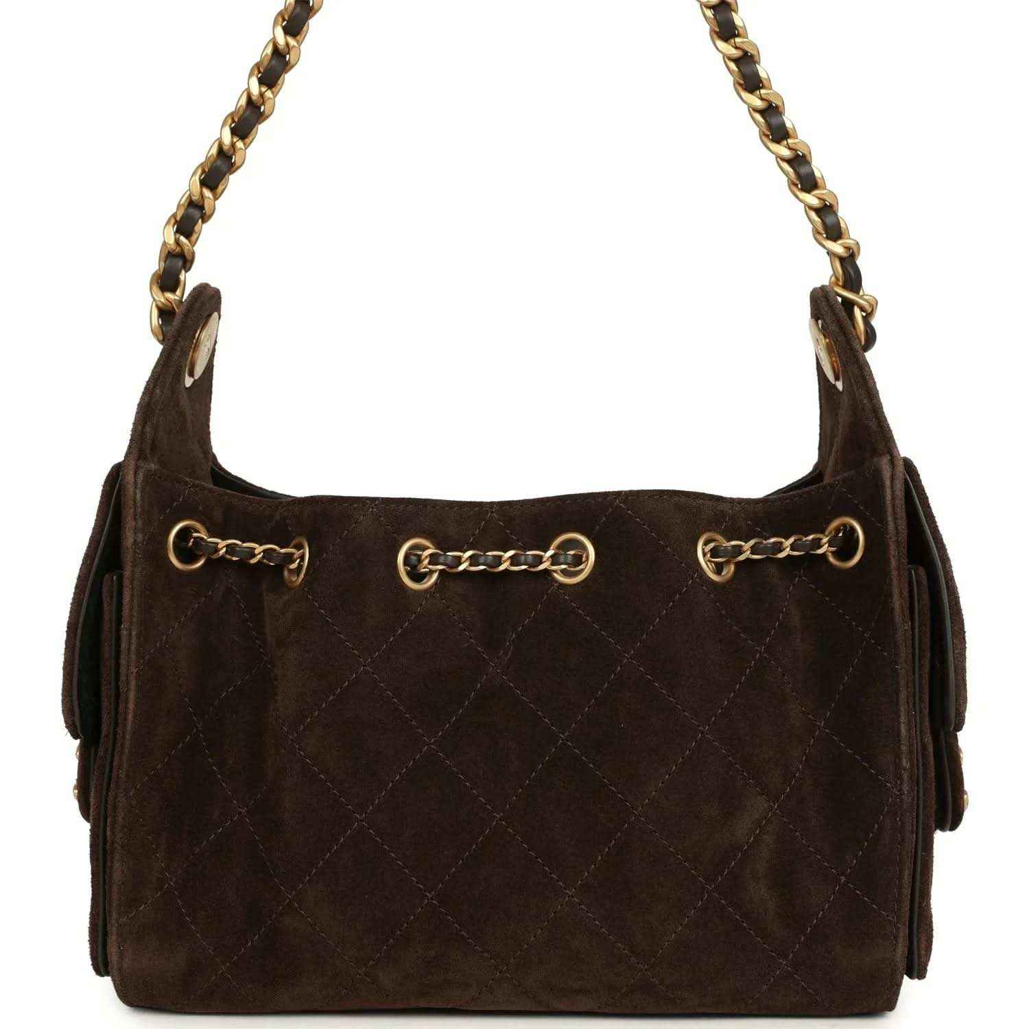 Dark brown suede mini hobo bag with gold-tone chain handles and quilted front paneling.