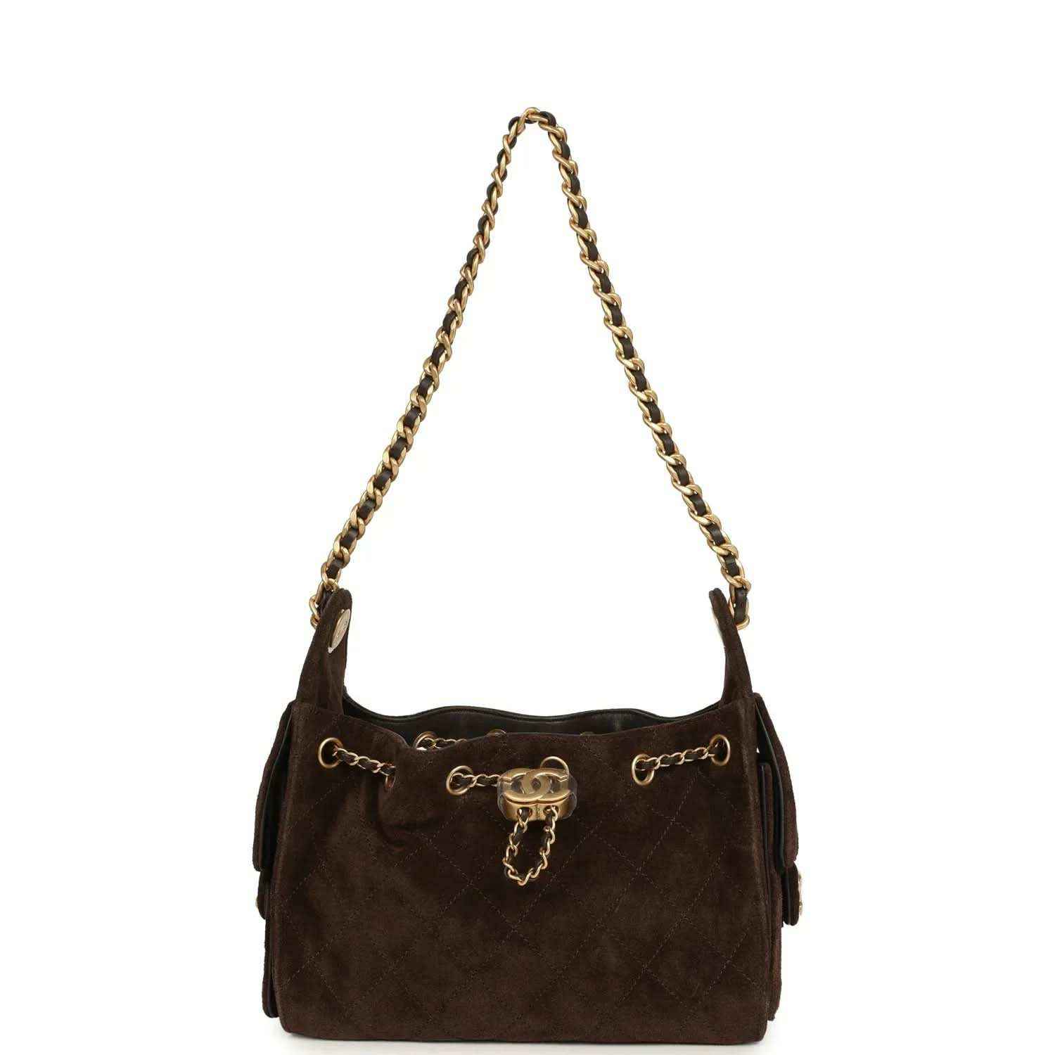 Dark brown suede mini hobo bag with shoulder chain straps and central turn-lock clasp.