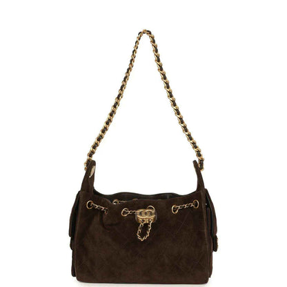 Dark brown suede mini hobo bag with shoulder chain straps and central turn-lock clasp.