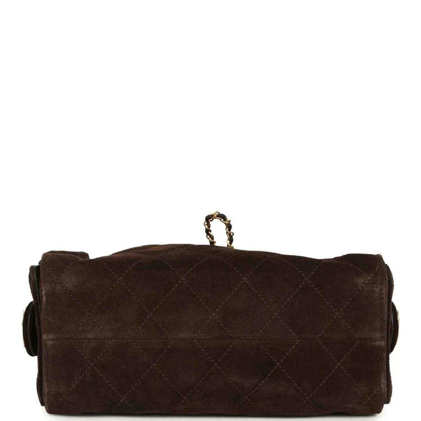 Dark brown suede mini hobo bag side view with quilted back panel and rolled top edges.
