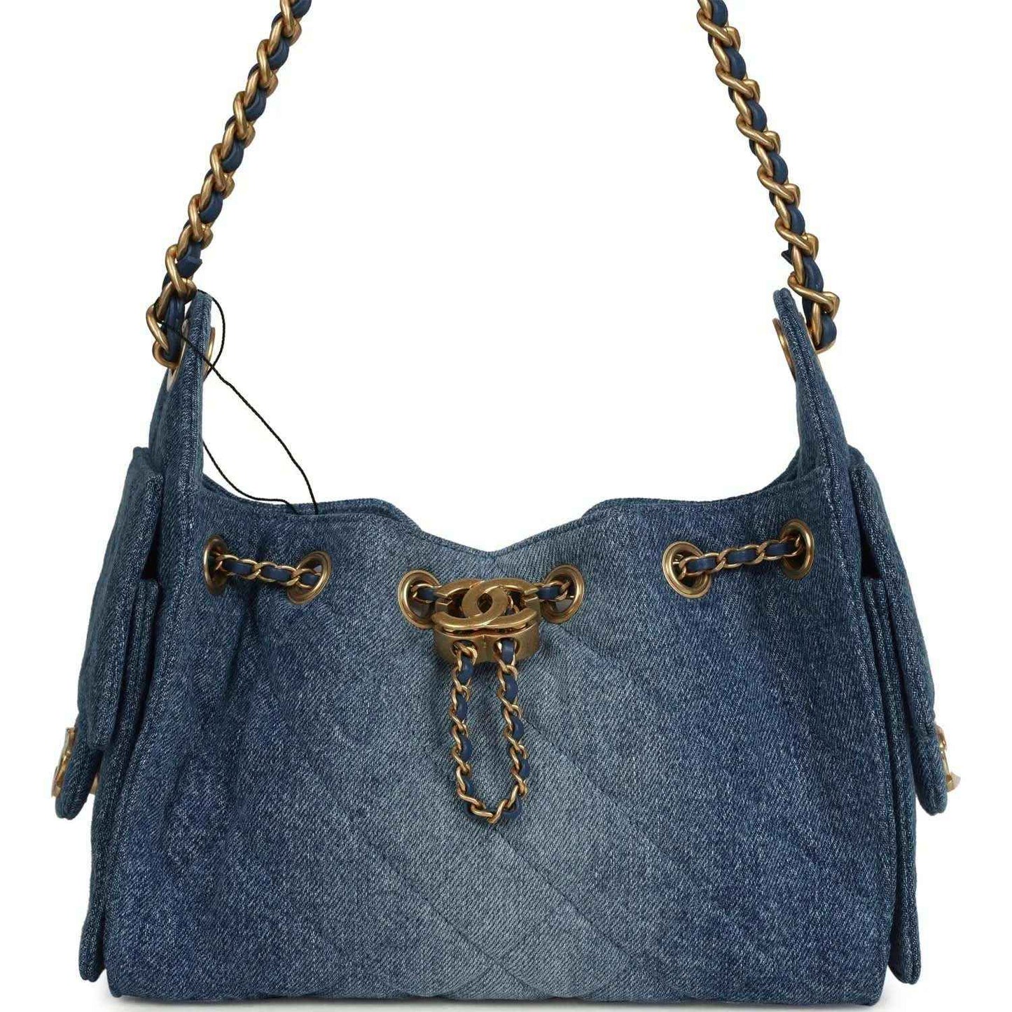 Blue washed denim mini hobo bag with antique gold chain handles and front hardware