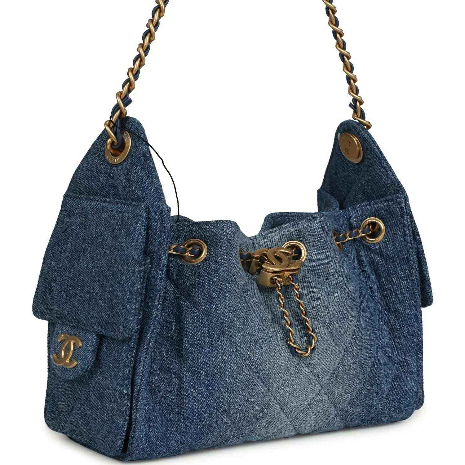 Blue washed denim mini hobo bag with chain strap, cinched top, and gold hardware details