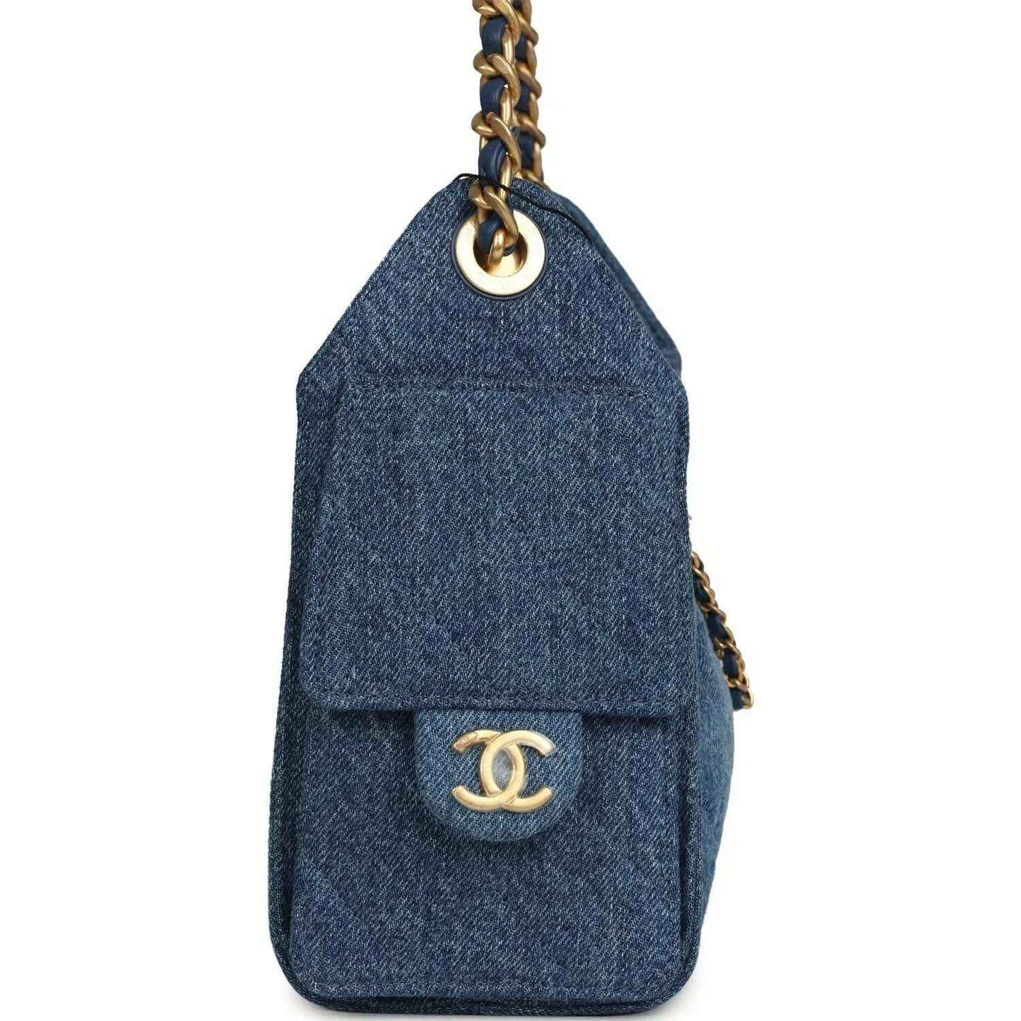 Blue denim mini hobo bag with flap pocket and Chanel CC logo on front